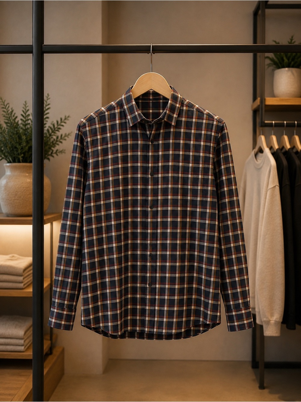 Express Men's Navy Plaid Button-Down Shirt with Red and Cream Stripes